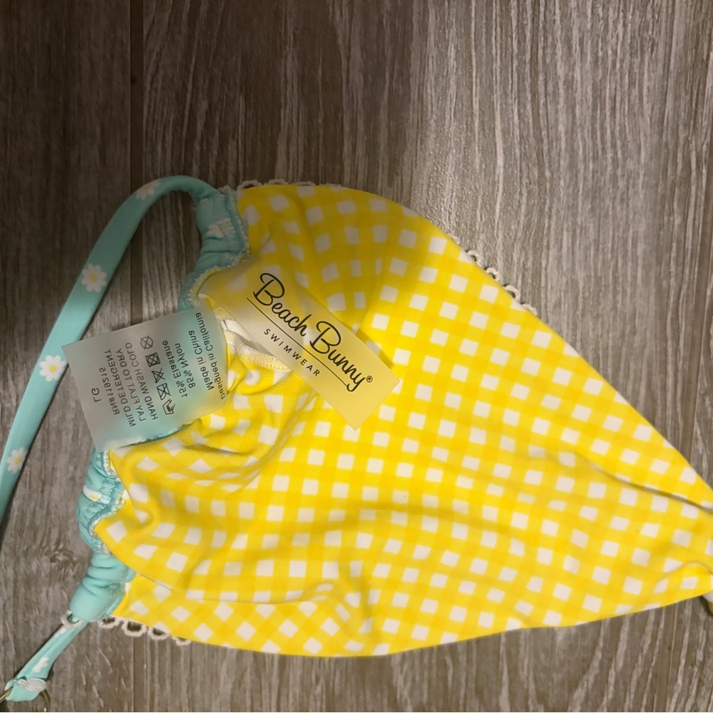 Beach Bunny Aqua Daisy Triangle Bikini Top with Yellow Gingham Ties Large - Picture 3 of 5